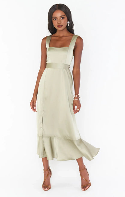 Elegant A-Line Square Neck Sleeveless Tie-Shoulder Sage Green Midi Prom Dress for Women