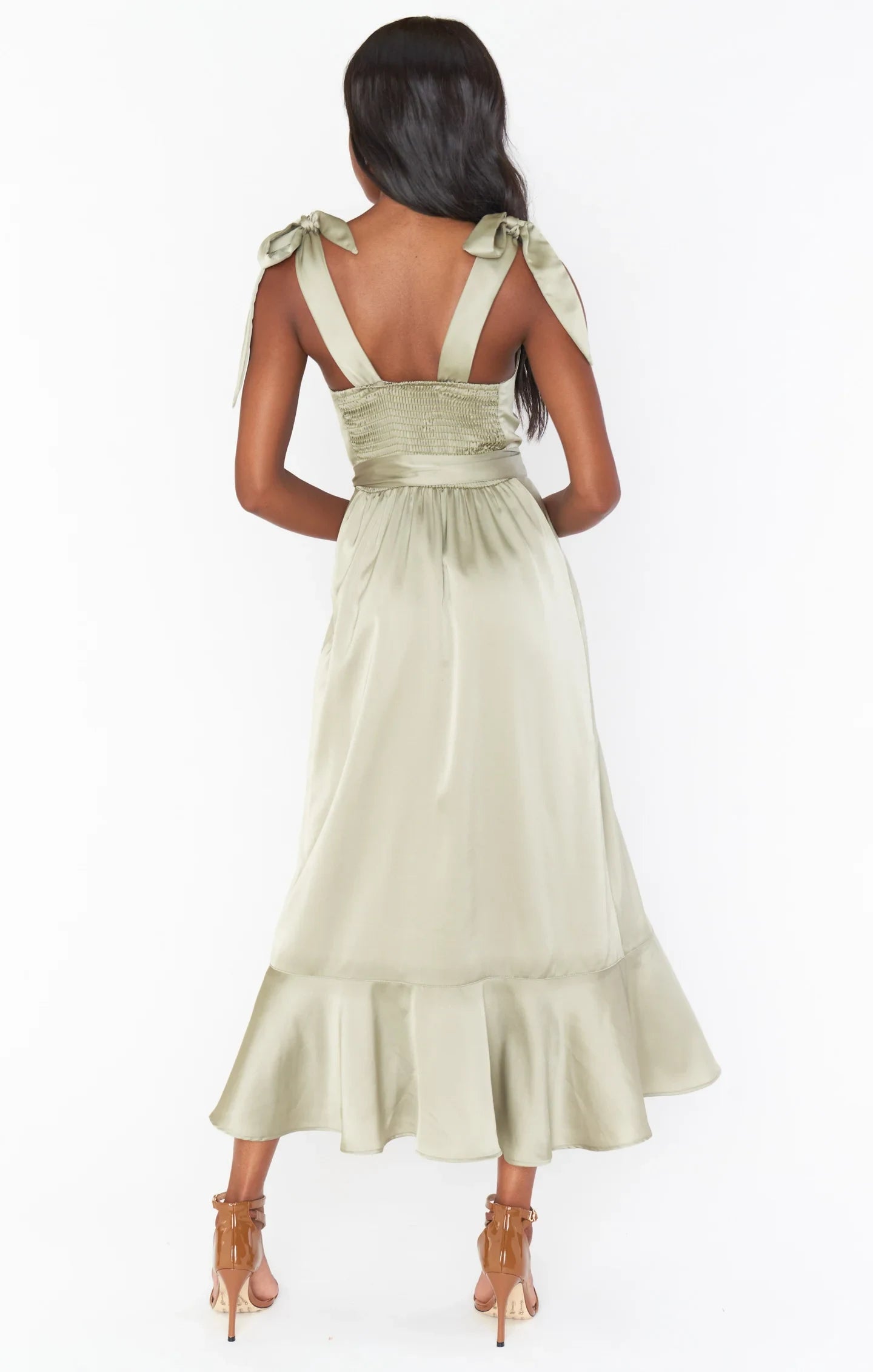 Elegant A-Line Square Neck Sleeveless Tie-Shoulder Sage Green Midi Prom Dress for Women