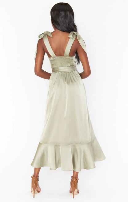 Elegant A-Line Square Neck Sleeveless Tie-Shoulder Sage Green Midi Prom Dress for Women