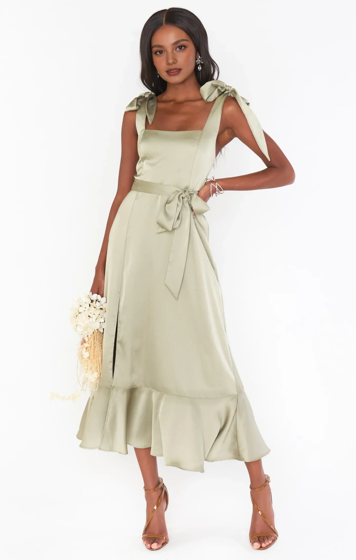 Elegant A-Line Square Neck Sleeveless Tie-Shoulder Sage Green Midi Prom Dress for Women