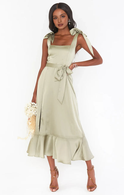 Elegant A-Line Square Neck Sleeveless Tie-Shoulder Sage Green Midi Prom Dress for Women