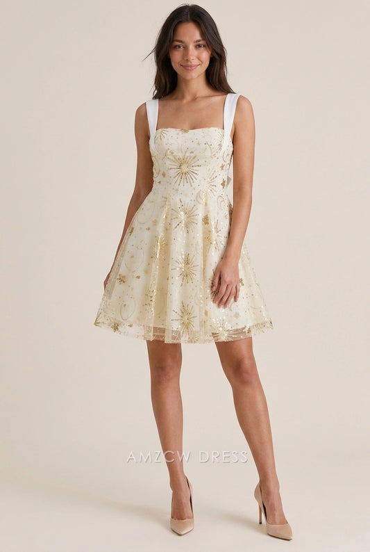 Elegant A-Line Square Neck Sparkling Sequin Cream Short Homecoming Dresses