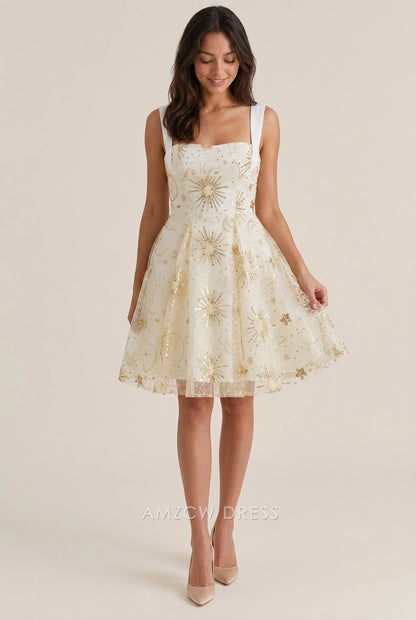 Elegant A-Line Square Neck Sparkling Sequin Cream Short Homecoming Dresses