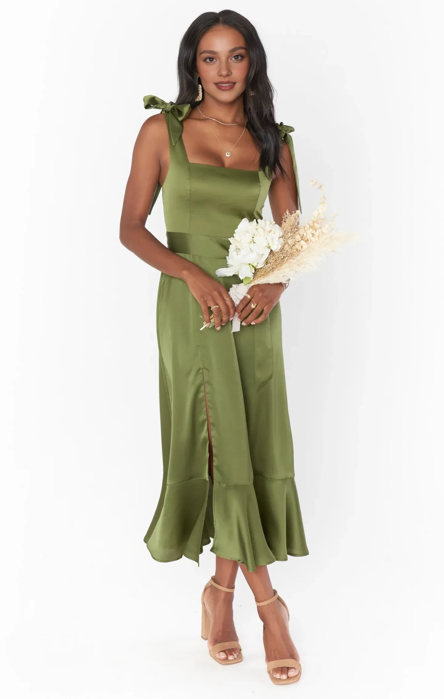 Elegant A-Line Square Neck Tie-Shoulder Ruffled Olive Green Midi Prom Dress