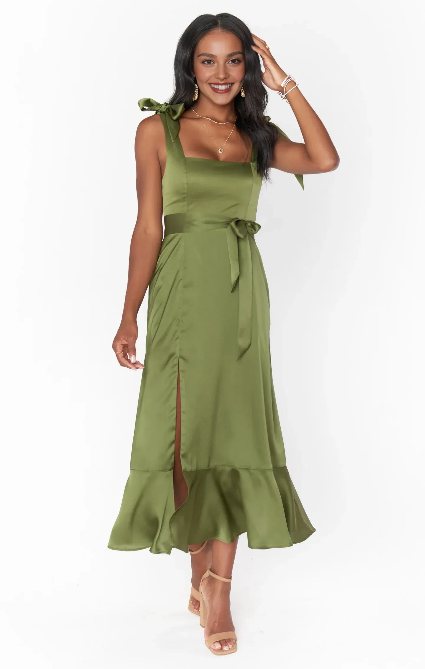 Elegant A-Line Square Neck Tie-Shoulder Ruffled Olive Green Midi Prom Dress