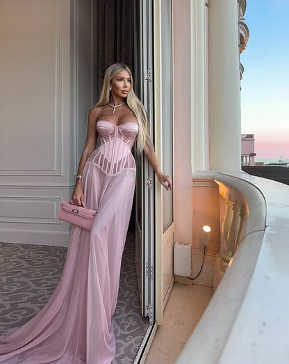 Elegant A-Line Strapless Corset Sheer Pink Floor-Length Prom Women's Gown