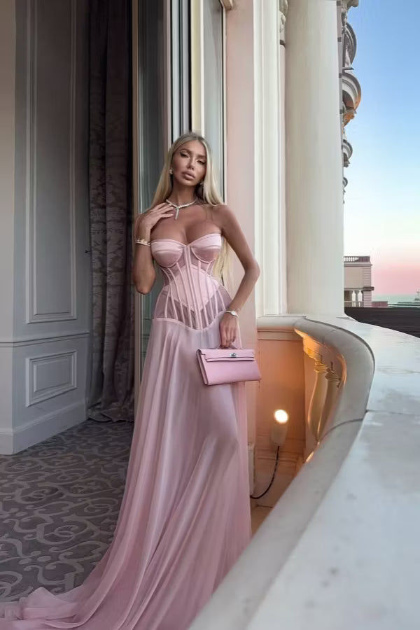 Elegant A-Line Strapless Corset Sheer Pink Floor-Length Prom Women's Gown