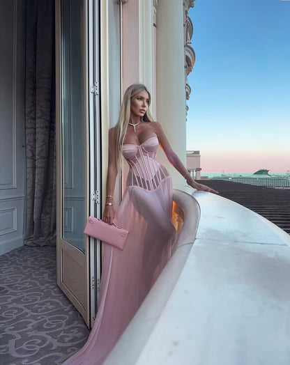 Elegant A-Line Strapless Corset Sheer Pink Floor-Length Prom Women's Gown
