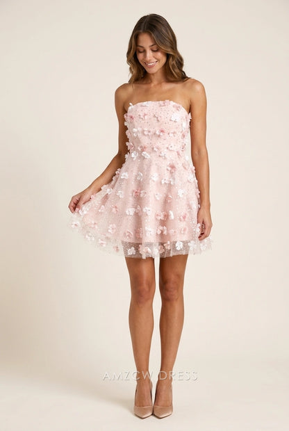 Elegant A-Line Strapless Floral Appliqué Sparkle Blush Mini Homecoming Dresses