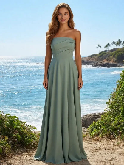 Elegant A-Line Strapless Ruched Flowy Sage Green Floor-Length Prom Gown