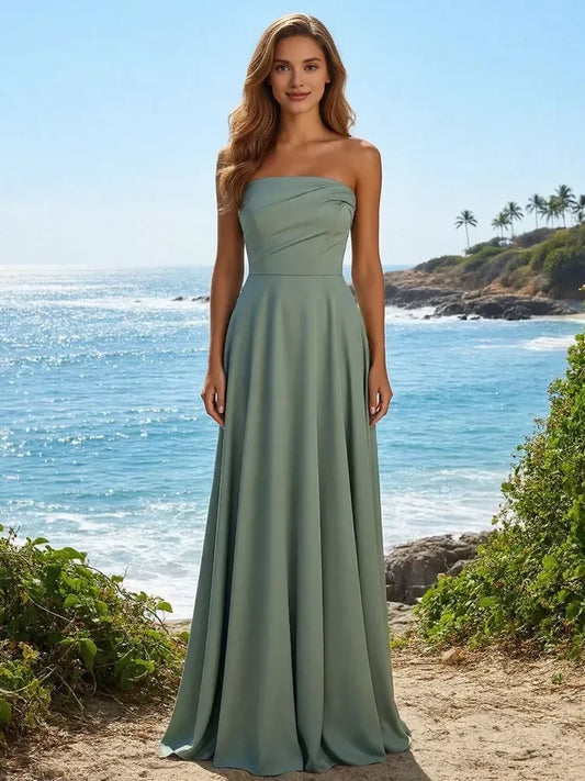 Elegant A-Line Strapless Ruched Flowy Sage Green Floor-Length Prom Gown