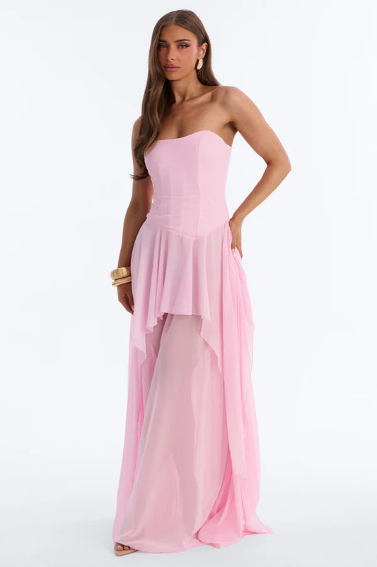 Elegant A-Line Strapless Ruffled Layered Light Pink Floor-Length Prom Gown