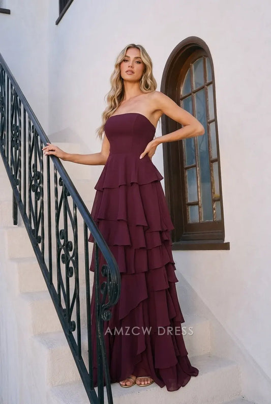 Elegant A-Line Strapless Ruffled Tiered Burgundy Floor-Length Prom Dresses Women's Gown