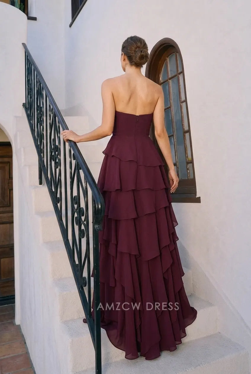 Elegant A-Line Strapless Ruffled Tiered Burgundy Floor-Length Prom Dresses Women's Gown