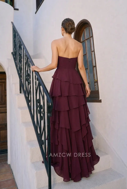 Elegant A-Line Strapless Ruffled Tiered Burgundy Floor-Length Prom Dresses Women's Gown