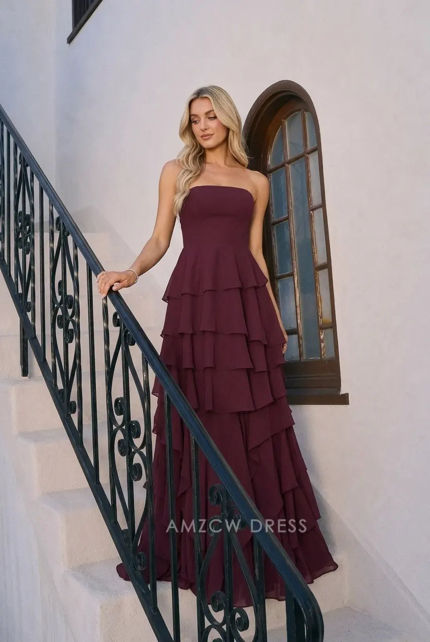 Elegant A-Line Strapless Ruffled Tiered Burgundy Floor-Length Prom Dresses Women's Gown