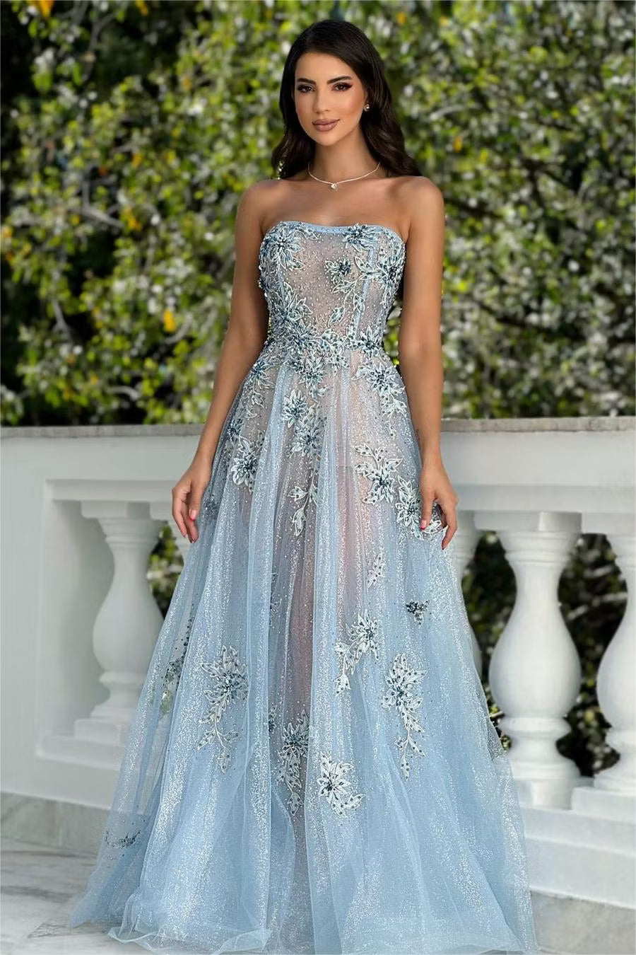 Elegant A-Line Strapless Sleeveless Embroidered Glittery Light Blue Floor-Length Prom Gown