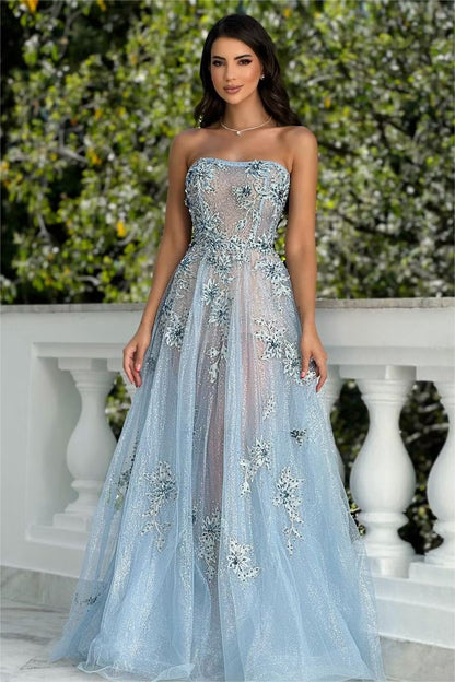 Elegant A-Line Strapless Sleeveless Embroidered Glittery Light Blue Floor-Length Prom Gown