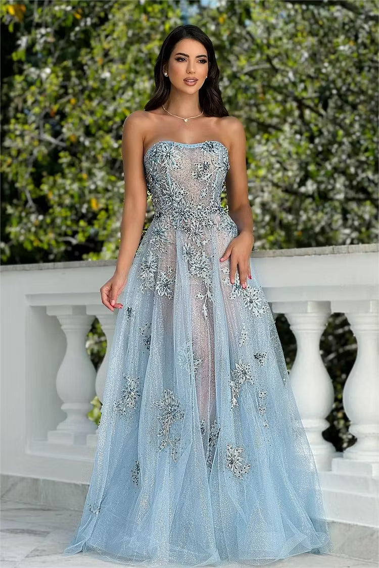 Elegant A-Line Strapless Sleeveless Embroidered Glittery Light Blue Floor-Length Prom Gown