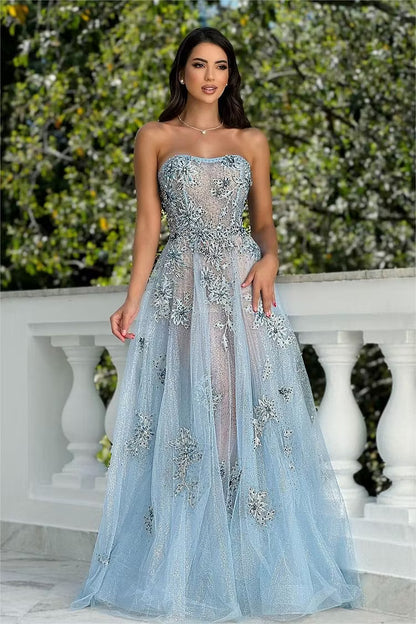 Elegant A-Line Strapless Sleeveless Embroidered Glittery Light Blue Floor-Length Prom Gown