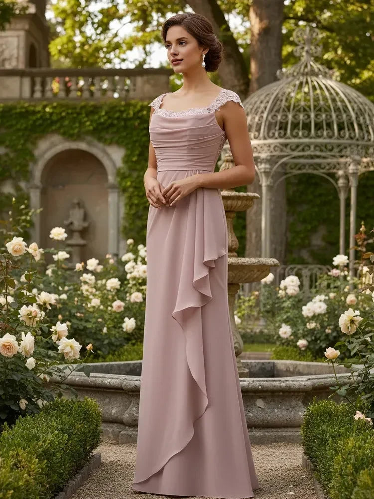 Elegant A-Line Sweetheart Cap Sleeve Ruched Lace Dusty Rose Floor-Length Prom Gown
