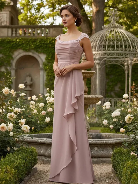 Elegant A-Line Sweetheart Cap Sleeve Ruched Lace Dusty Rose Floor-Length Prom Gown