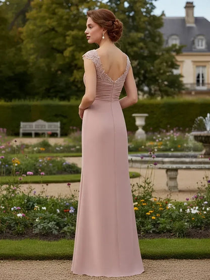 Elegant A-Line Sweetheart Cap Sleeve Ruched Lace Dusty Rose Floor-Length Prom Gown