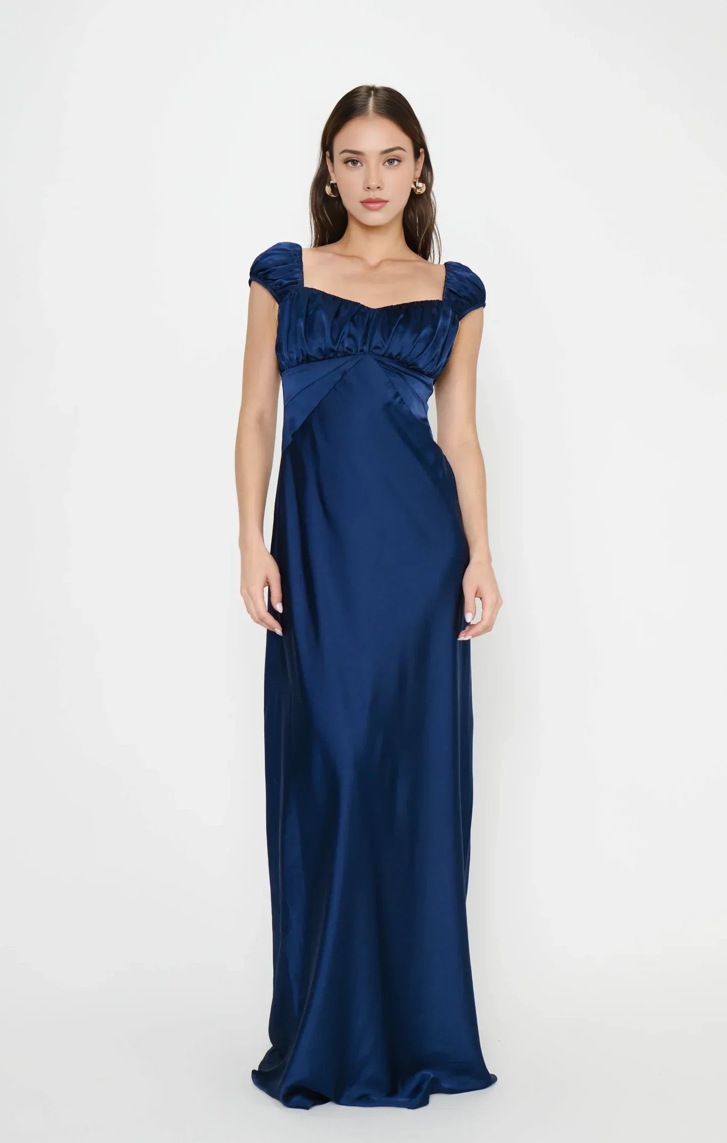 Elegant A-Line Sweetheart Cap Sleeve Ruched Navy Blue Floor-Length Prom Dresses Gown