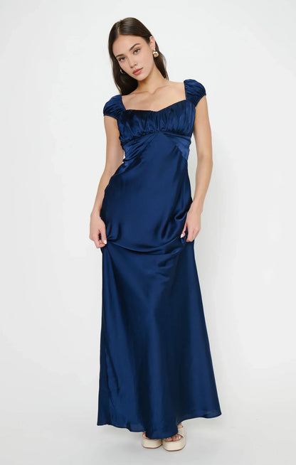 Elegant A-Line Sweetheart Cap Sleeve Ruched Navy Blue Floor-Length Prom Dresses Gown