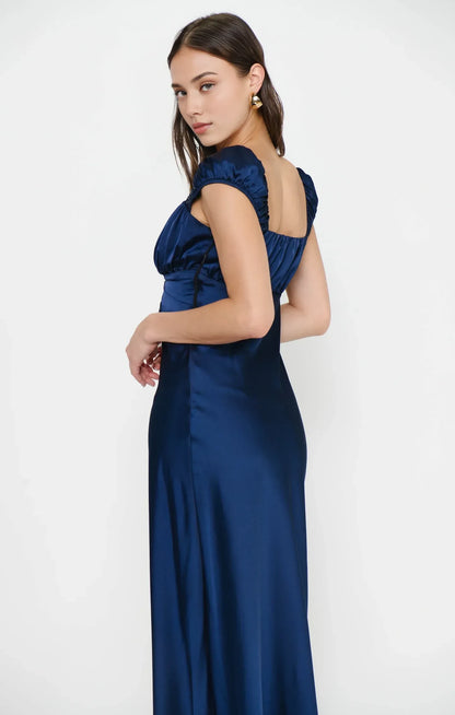 Elegant A-Line Sweetheart Cap Sleeve Ruched Navy Blue Floor-Length Prom Dresses Gown