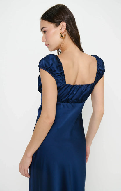 Elegant A-Line Sweetheart Cap Sleeve Ruched Navy Blue Floor-Length Prom Dresses Gown