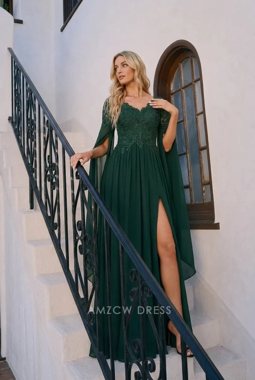 Elegant A-Line Sweetheart Cape Sleeve Embroidered Dark Green Floor-Length Prom Dress