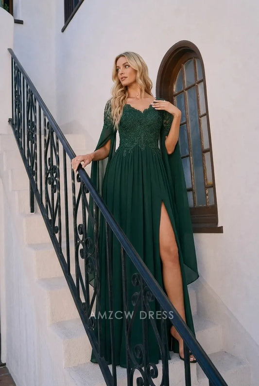 Elegant A-Line Sweetheart Cape Sleeve Embroidered Dark Green Floor-Length Prom Dress