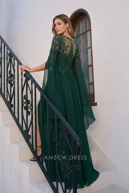 Elegant A-Line Sweetheart Cape Sleeve Embroidered Dark Green Floor-Length Prom Dress