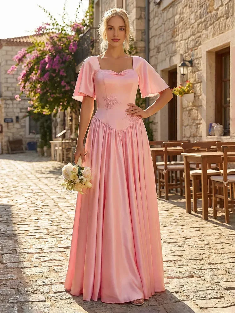 Elegant A-Line Sweetheart Flutter Sleeve Romantic Blush Pink Floor-Length Prom Gown