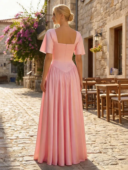 Elegant A-Line Sweetheart Flutter Sleeve Romantic Blush Pink Floor-Length Prom Gown