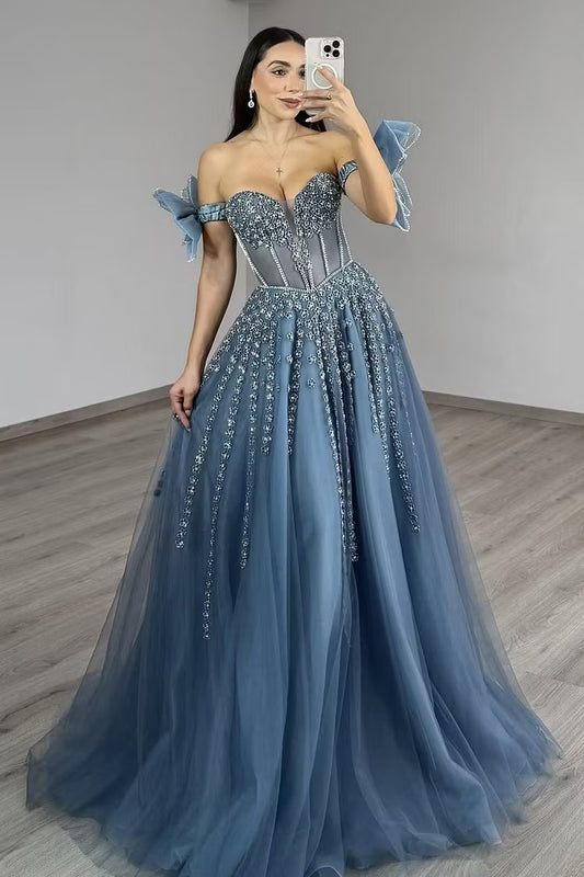 Elegant A-Line Sweetheart Off-Shoulder Bow Beaded Dusty Blue Floor-Length Prom Gown