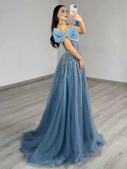Elegant A-Line Sweetheart Off-Shoulder Bow Beaded Dusty Blue Floor-Length Prom Gown