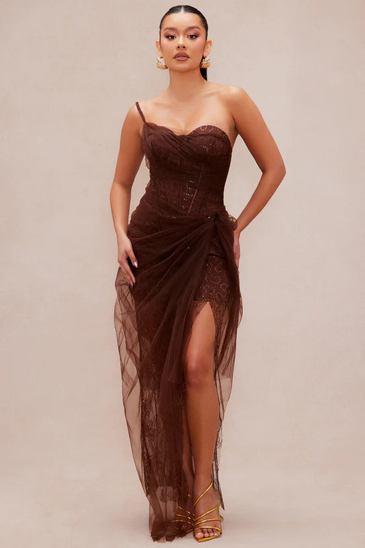 Elegant A-Line Sweetheart One-Shoulder Sleeveless Draped Chocolate Brown Floor-Length Prom Dress