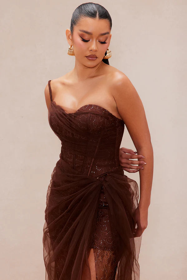 Elegant A-Line Sweetheart One-Shoulder Sleeveless Draped Chocolate Brown Floor-Length Prom Dress