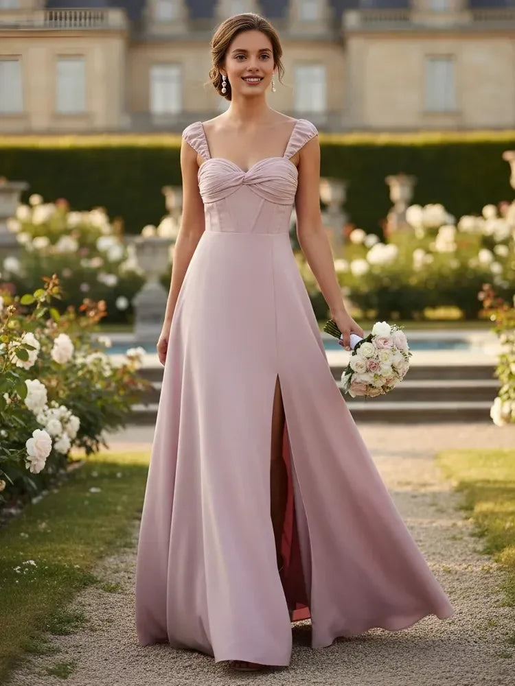 Elegant A-Line Sweetheart Ruched Strap Slit Dusty Rose Floor-Length Prom Gown