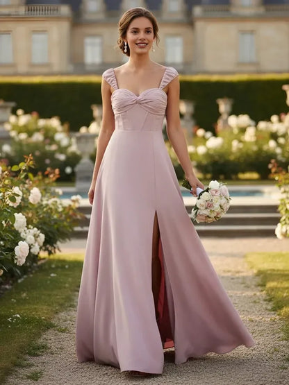 Elegant A-Line Sweetheart Ruched Strap Slit Dusty Rose Floor-Length Prom Gown