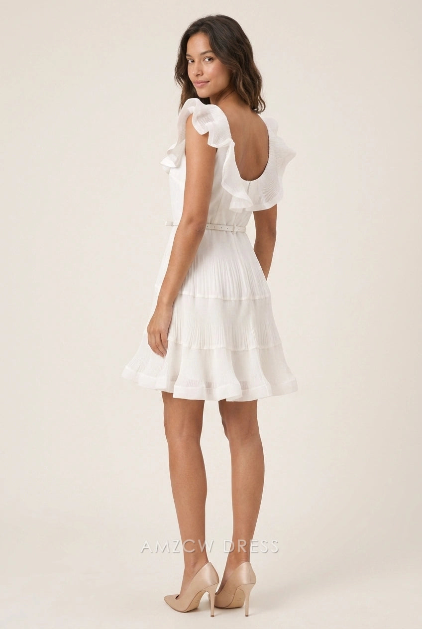 Elegant A-Line Sweetheart Ruffle Sleeves Pleated Tiered White Mini Homecoming Dresses