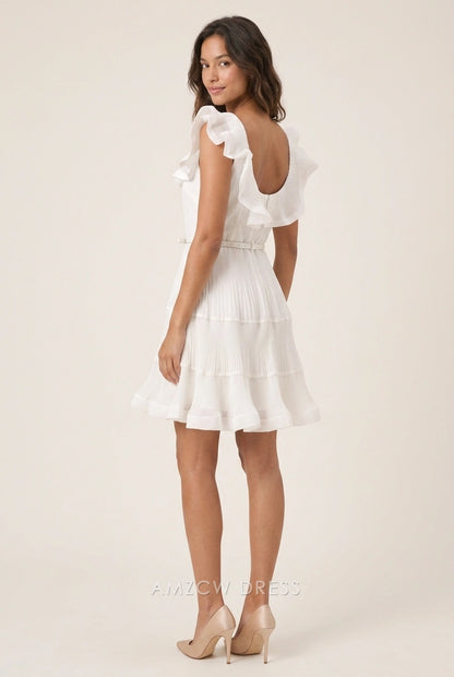 Elegant A-Line Sweetheart Ruffle Sleeves Pleated Tiered White Mini Homecoming Dresses