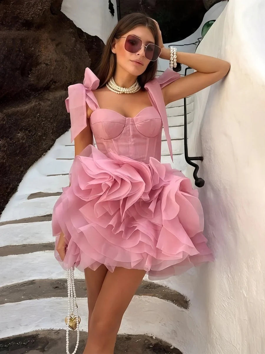 Elegant A-Line Sweetheart Ruffled Corset Pink Mini Homecoming Dresses
