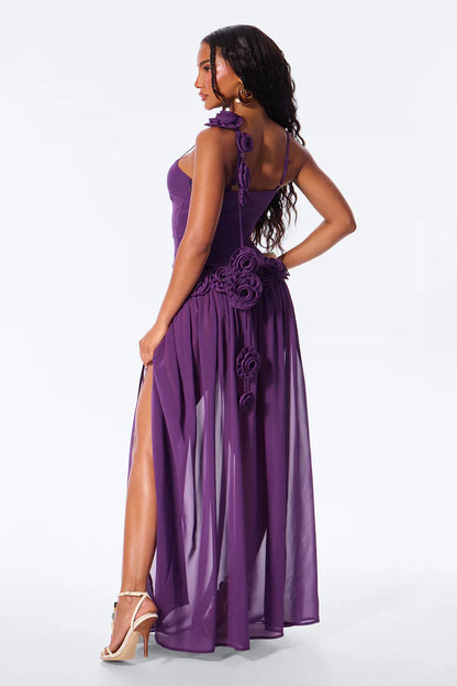 Elegant A-Line Sweetheart Sleeveless Floral High-Slit Purple Maxi Prom Dress