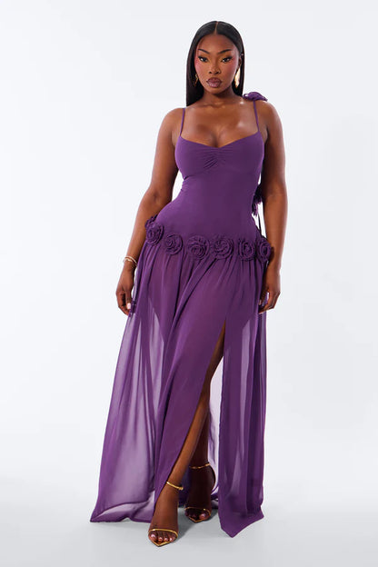 Elegant A-Line Sweetheart Sleeveless Floral High-Slit Purple Maxi Prom Dress