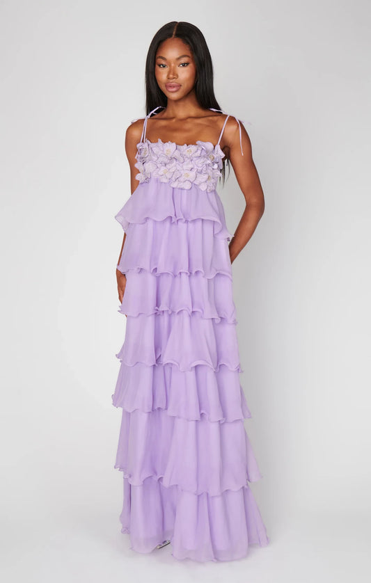 Elegant A-Line Sweetheart Sleeveless Floral Tiered Lavender Floor-Length Prom Dresses Gown