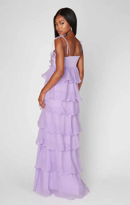 Elegant A-Line Sweetheart Sleeveless Floral Tiered Lavender Floor-Length Prom Dresses Gown