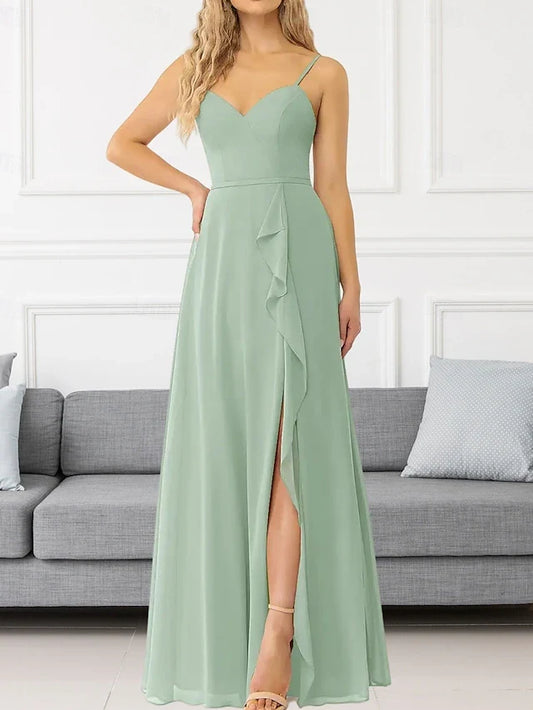 Elegant A-Line Sweetheart Sleeveless Flowy Slit Sage Green Floor-Length Prom Gown